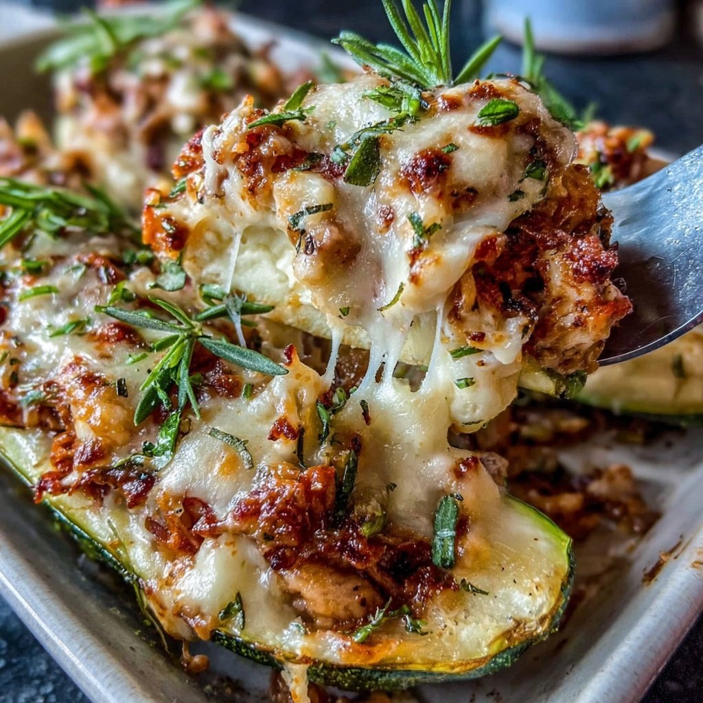 Shredded Chicken Stuffed Zucchini Boats